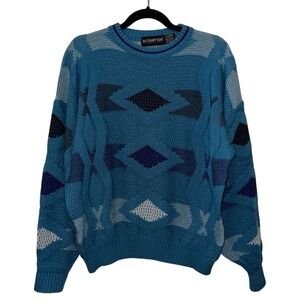 Vintage Botany 500‎ Blue Geometric Knit Sweater Mens XL 90s Textured Crewneck